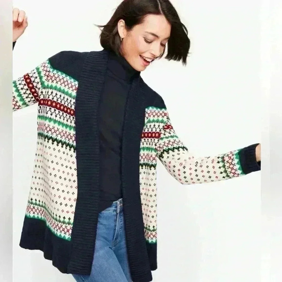 Talbots Navy Blue Fair Isle Shawl Collar Open Front Cardigan Sweater Sz P/MEDIUM - Picture 8 of 8
